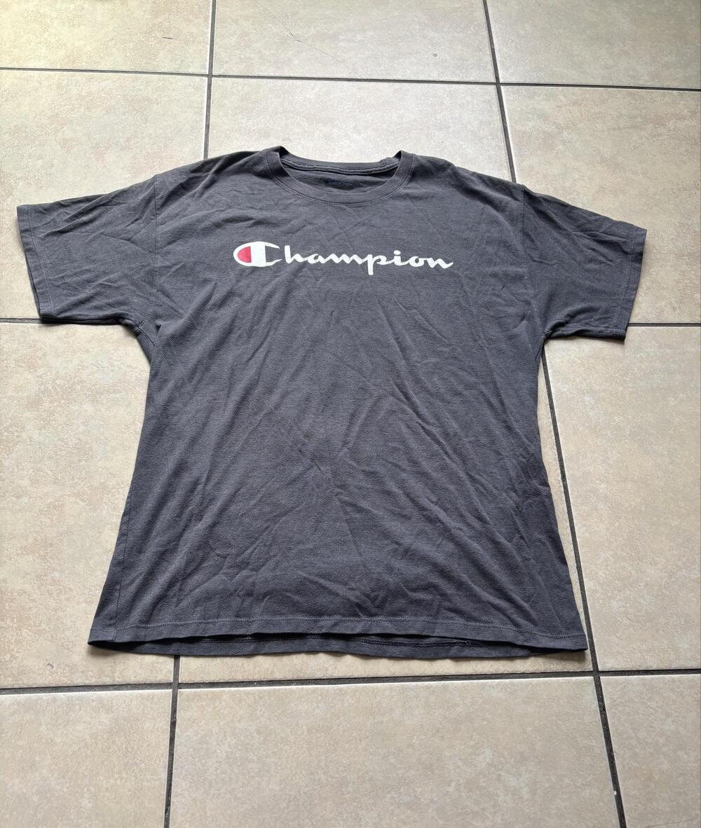 Champion Gray Script Logo Graphic T-Shirt Streetwear Large